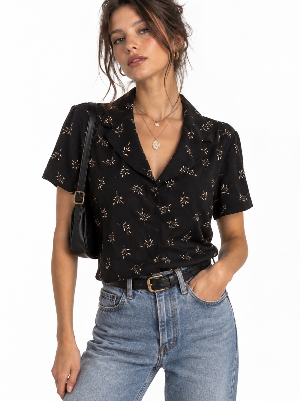 Vintage Norton McNaughton Black Short-Sleeve Button-Down Top with Gold Floral